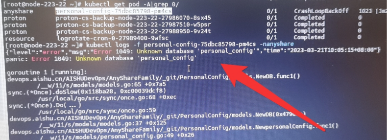AnyShare-Tidb 数据库环境安装部署后 personal-config 容器处于 CrashLoopBackOff 状态，日志提示：Error 104
