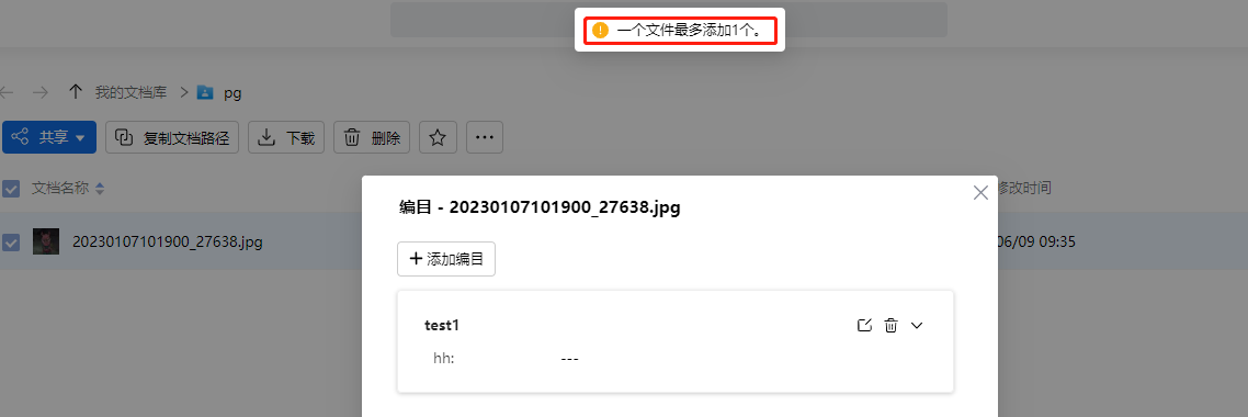 AnyShare-AnyShare 7.0 添加编目提示：一个文件最多添加1个